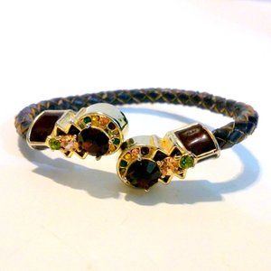 Braided Leather and Rhinestone Wired Cuff Bracelet